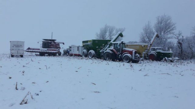 Máquinas de contratistas cubiertas de nieve en la zona de Río Cuarto (Foto gentileza Germán Tinari)