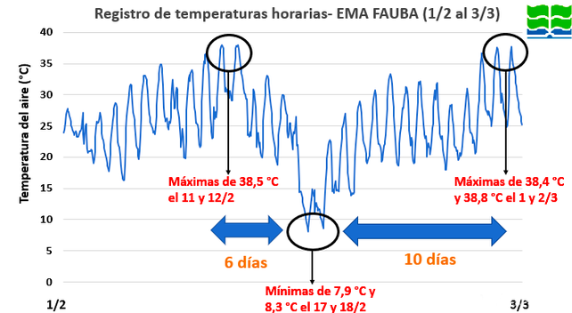 Temperaturas horarias registradas a partir de febrero en la estación meteorológica automática instalada en la FAUBA. Se destacan las máximas y las mínimas ocurridas en un lapso de 16 días