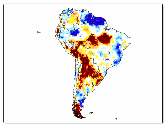 Mapa de humedad del suelo, a nivel raíces, al 23/01/2023.