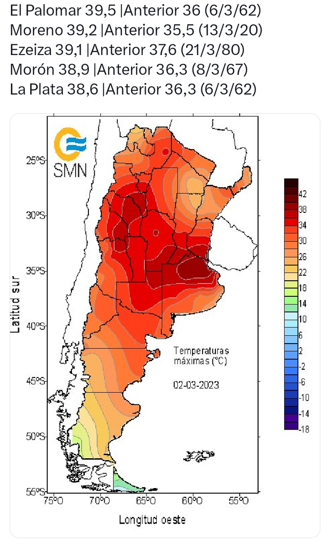 Mapa de calor en Argentina, con gran parte del país sumido en una masa caliente y persistente.
