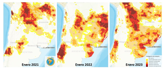 Evolución de la sequía en Argentina, últimos tres meses al 10 de enero de cada año. Fuente: SISSA